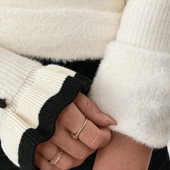 Beige Casual Women's Turtleneck Ruffled Button Long Sleeve Knit Sweater With Bow - Picture 7 of 8